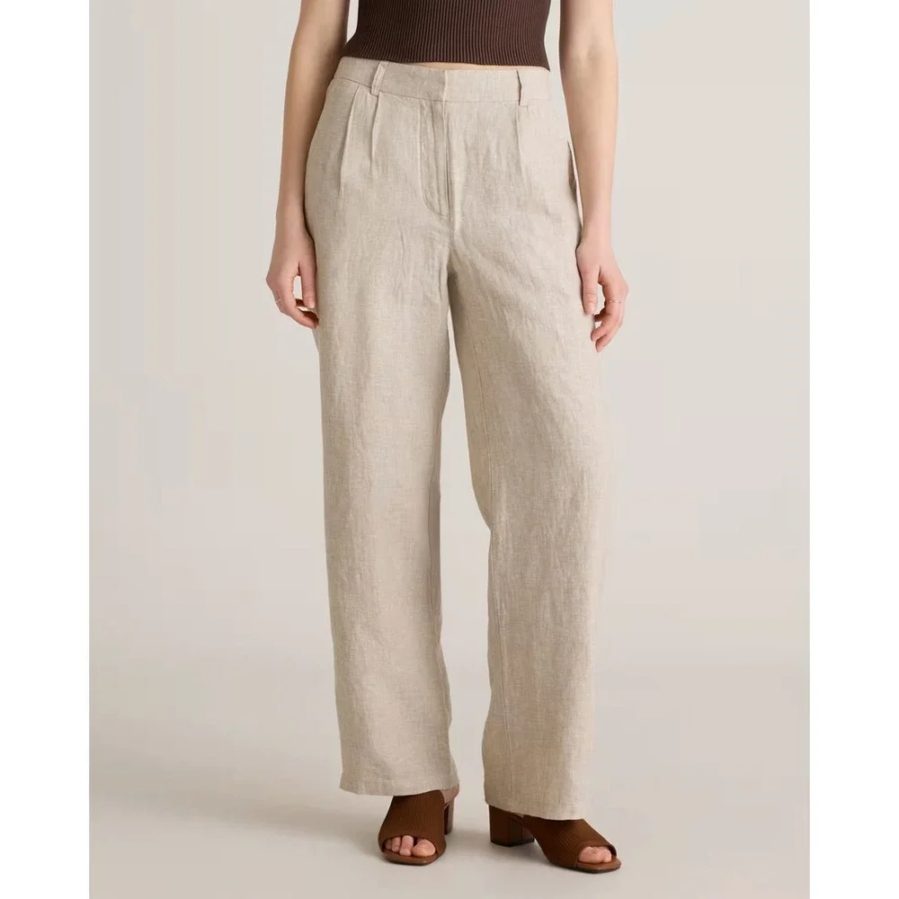 Quince 100% European Linen Pleated Trouser Wide Leg‎ Pants Beige NWT Womens 14